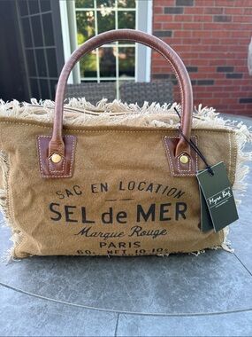 Myra Bag Sel de Mer Canvas Tote in Tan with Brown Handles